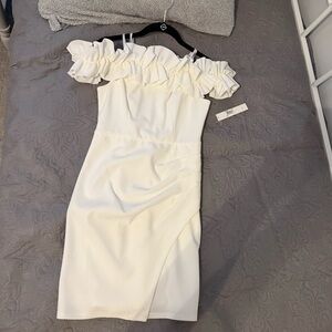 Off-Shoulder White Ruffle Sheath Dress, Prom or Wedding